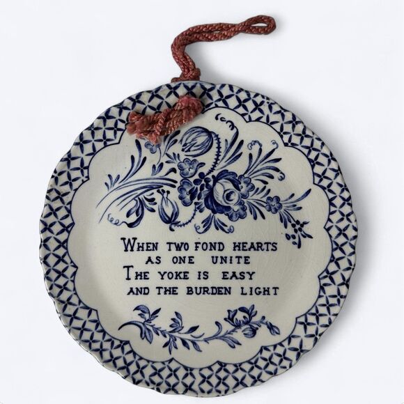 Vtg Crownford Two Fond Hearts Blue White Hanging Plate Gallery Wall Decor 5.5" - Picture 1 of 11